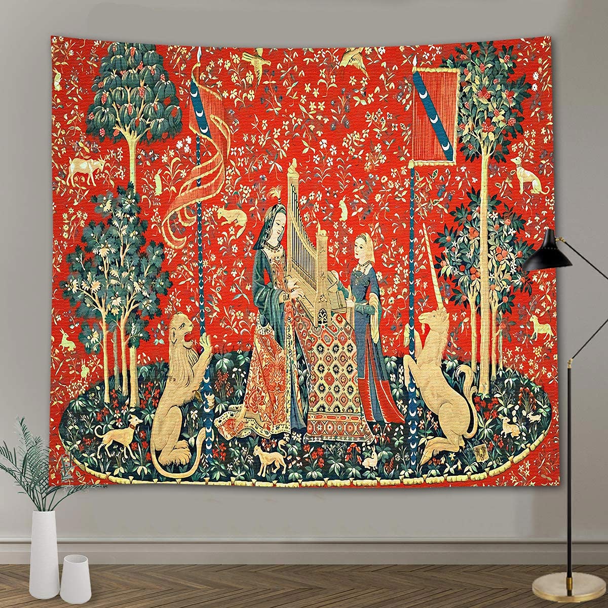 Medieval Tapestry Tapestry Royal Maiden and Unicorn Decor, Red 80x60 In