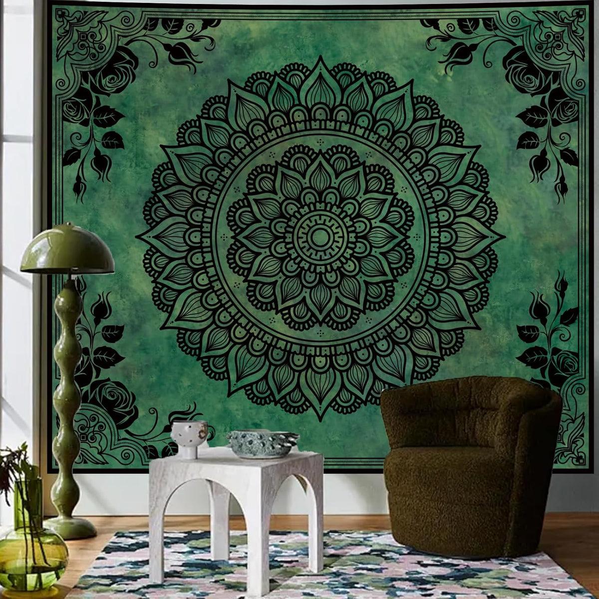 Green Boho Mandala Tapestry for Bedroom, Large Hippie Ceiling Wall Hanging
