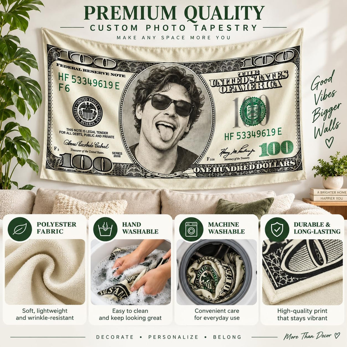 Custom Photo Tapestry, Personalized Funny 100 Dollar Bill Inspired Wall Hanging, Upload Your Face Picture, Novelty Money Style Room Decor, Custom Gift for Men Women Friends Family Birthday Party