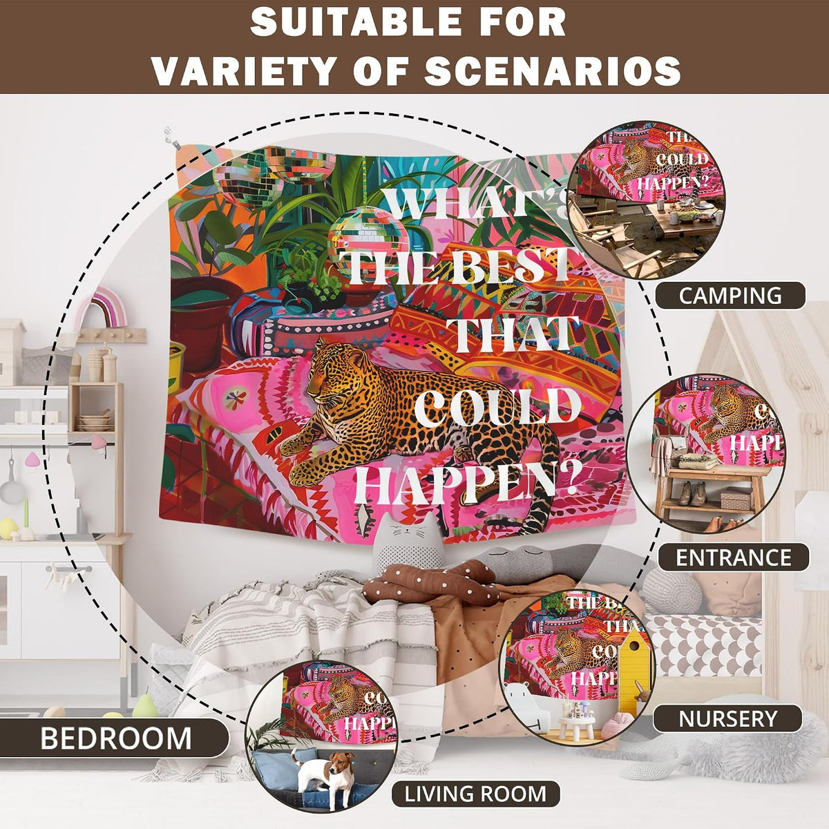 XLDLIOO Preppy Leopard Disco Classroom Tapestry, What's The Best That Could Happen, Retro Maximalist Tapestry Hanging for Girly Room Bedroom, Groovy Tapestries Wall Decor Art for Teen Girls Dorm 50x60in