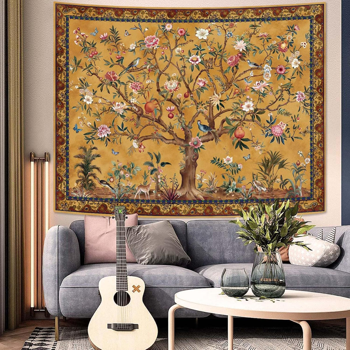 Faxdong Boho Tree of LIfe Tapestry, Vintage Flower Leaves Birds Plant Animal Pattern Tapestries, Retro Indian Bohemian Aesthetic Wall Hanging Orange Yellow 36×48 inch