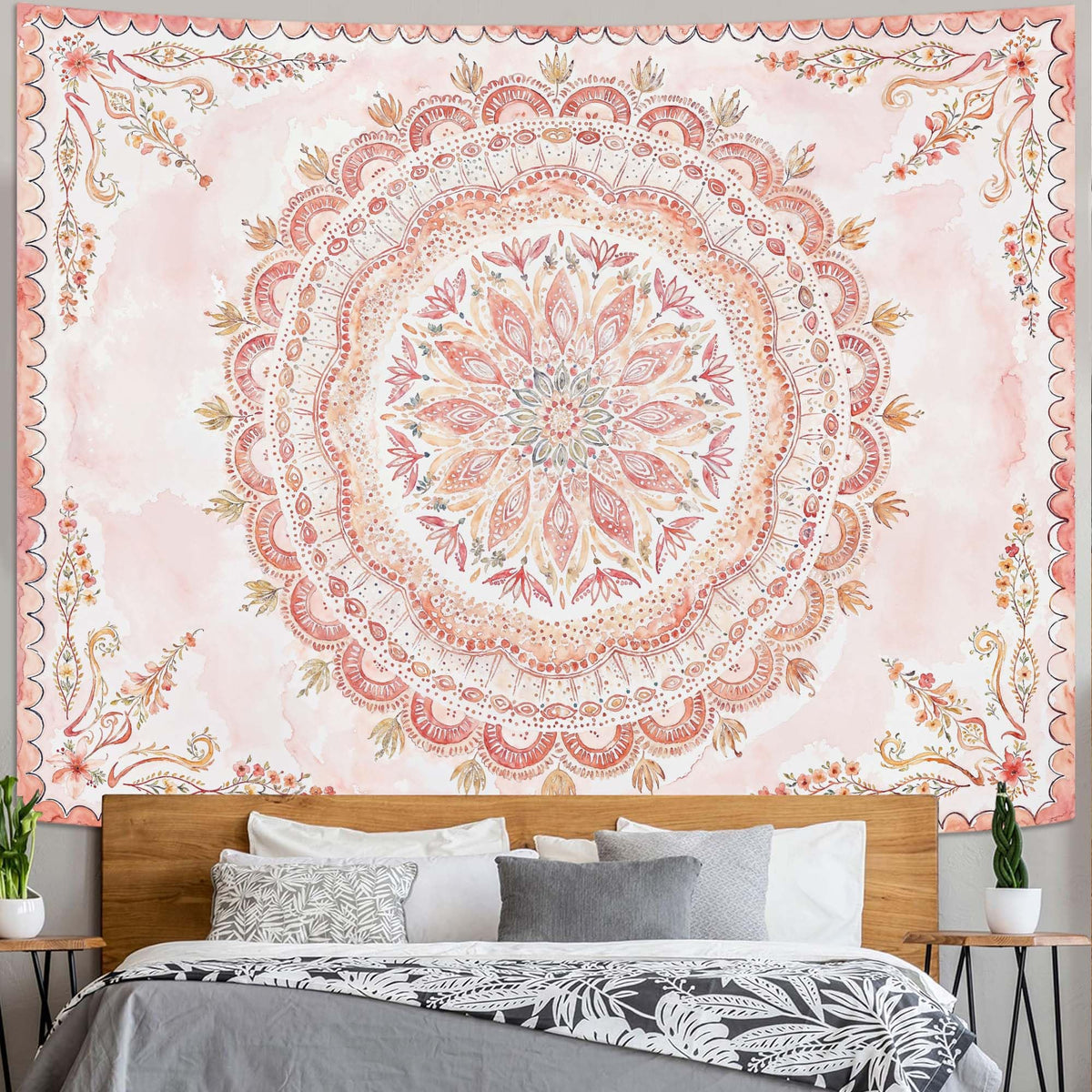 Fowocu Boho Floral Mandala Tapestry Wall Hanging Bohemian Flower Medallion Tapestry Aesthetic Beige Brown Hippie Indian Small Tapestries for Bedroom Living Room Dorm Decor 40 x 30 Inch