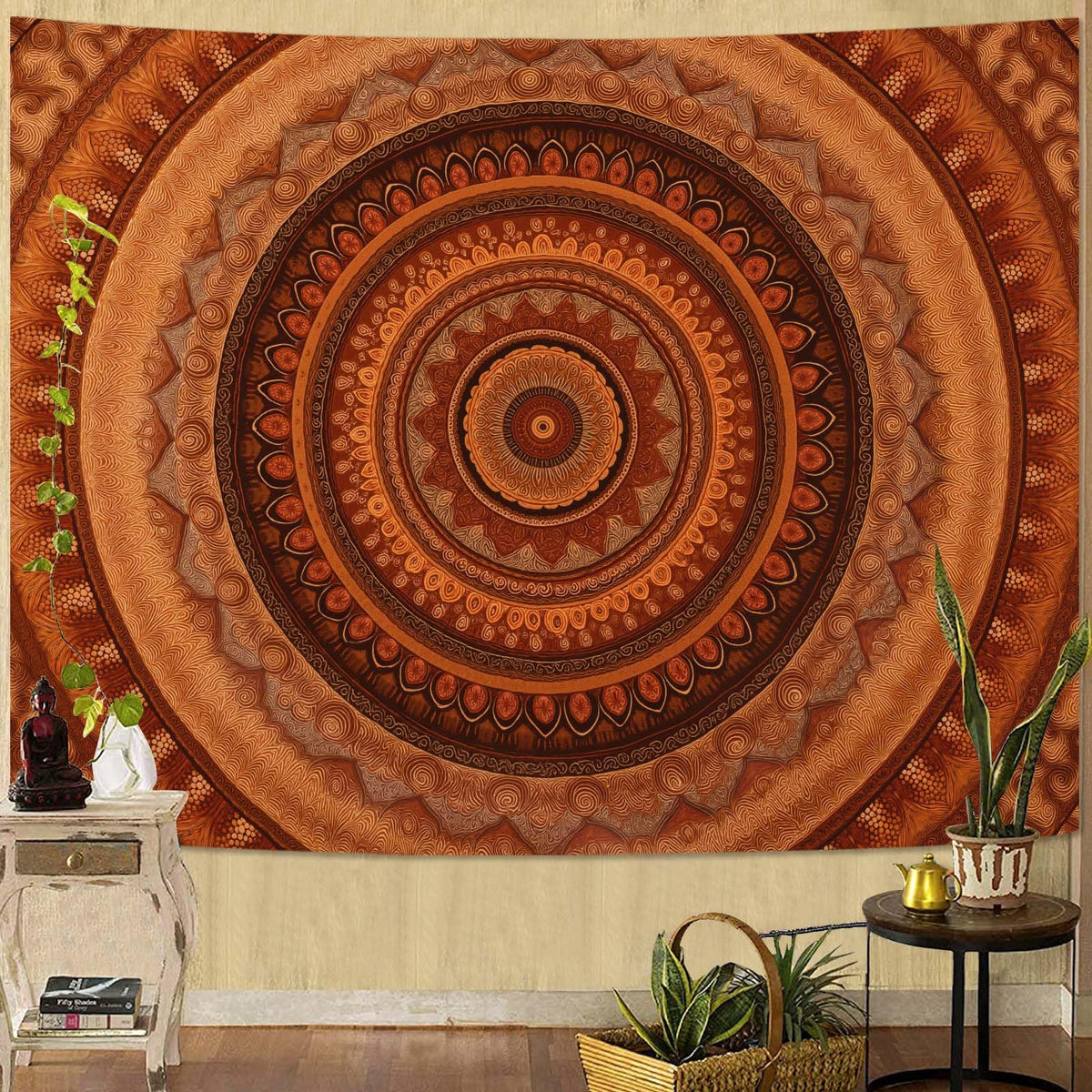 Spenlife Moon Phase Tapestry, Autumnal Mandala Tapestries for Bedroom, Boho Wall Decor, Botanical Tapestries (60" x 44")