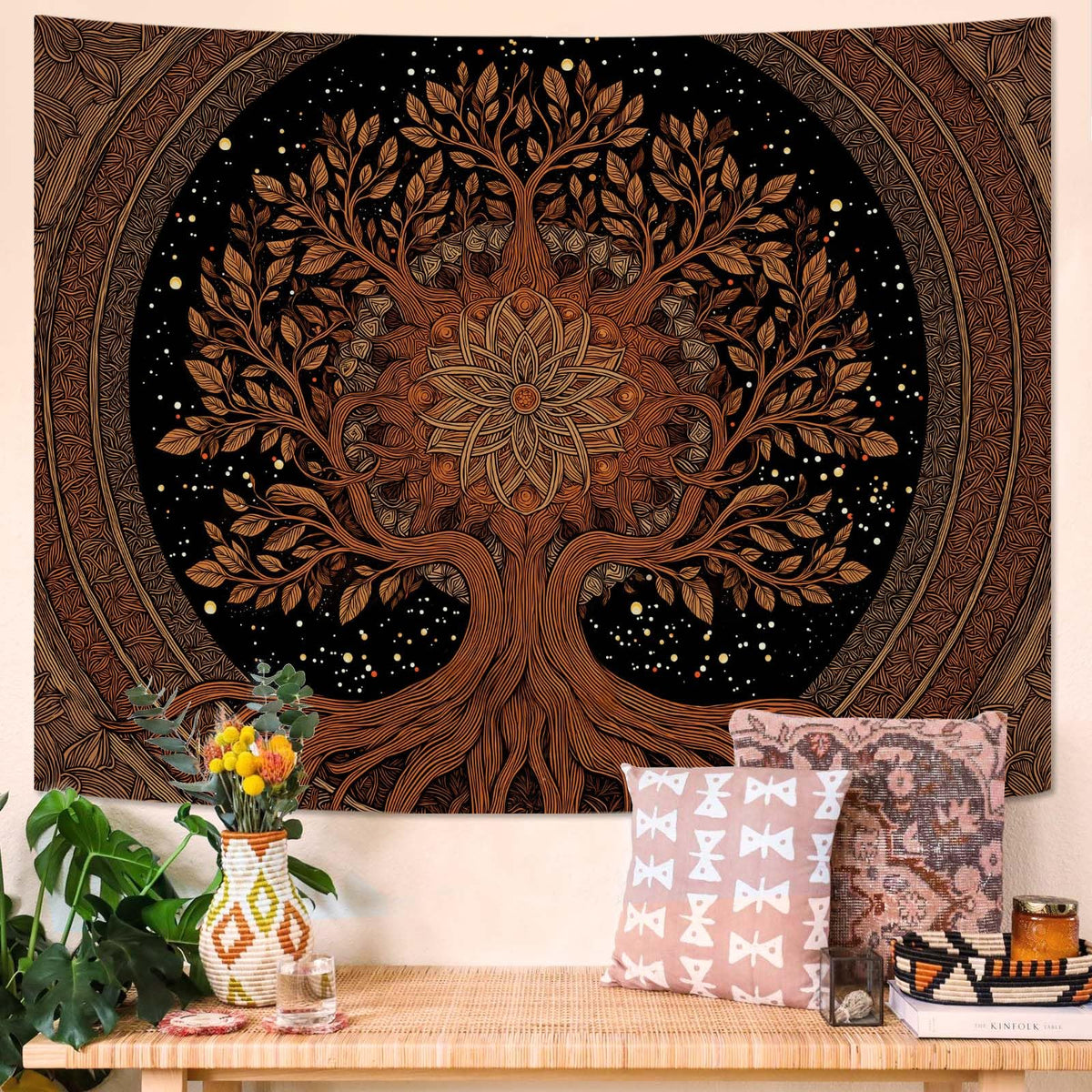 Spenlife Moon Phase Tapestry, Autumnal Mandala Tapestries for Bedroom, Boho Wall Decor, Botanical Tapestries (60" x 44")