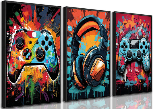 PPV 3Pcs Cool Gaming Wall Art Retro Video Gamer watercolor Posters Pictures Colorful Neon Gamepad Canvas Painting Prints for Boys Room Kids Gamer Room Bedroom for Boys Home Decoration