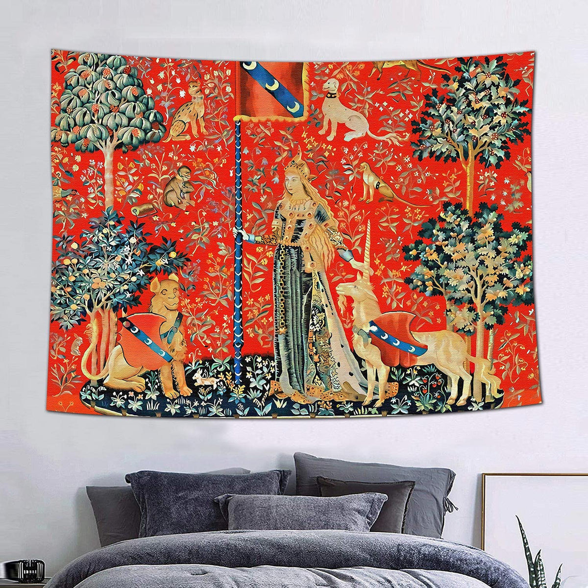 Medieval Tapestry Tapestry Royal Maiden and Unicorn Decor, Red 80x60 In