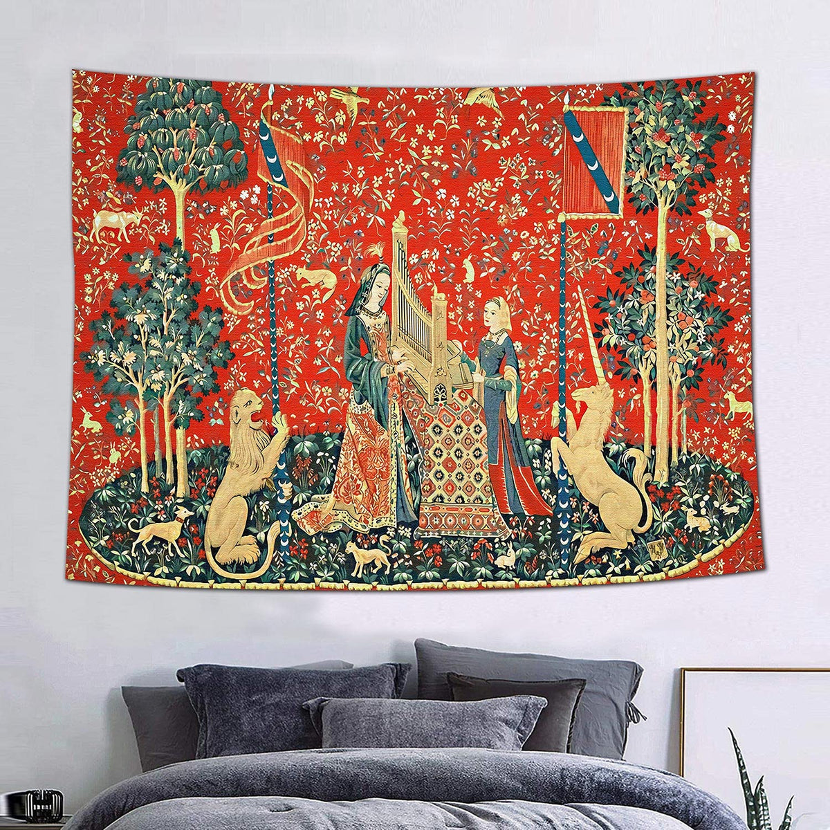 Medieval Tapestry Tapestry Royal Maiden and Unicorn Decor, Red 80x60 In
