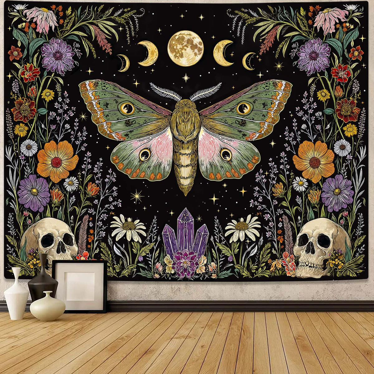 Fungarth Skeleton Butterfly Tapestry Pink Skull Hippie Mushroom Plants Tapestry for Bedroom Moon phase Aesthetic Tapestries Wall Hanging for Living Room Dorm (Pink, 48” x 36”)