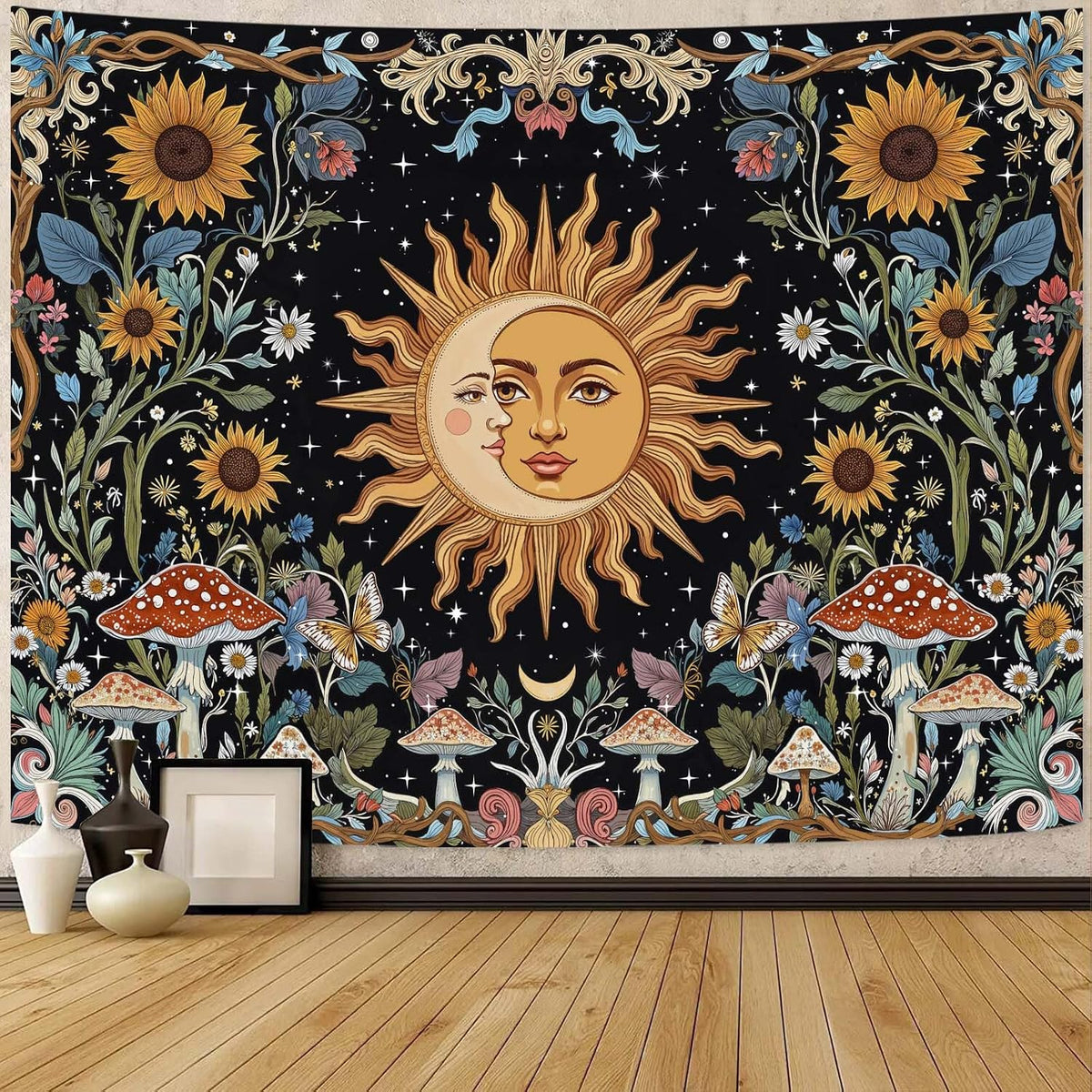 Fungarth Skeleton Butterfly Tapestry Pink Skull Hippie Mushroom Plants Tapestry for Bedroom Moon phase Aesthetic Tapestries Wall Hanging for Living Room Dorm (Pink, 48” x 36”)