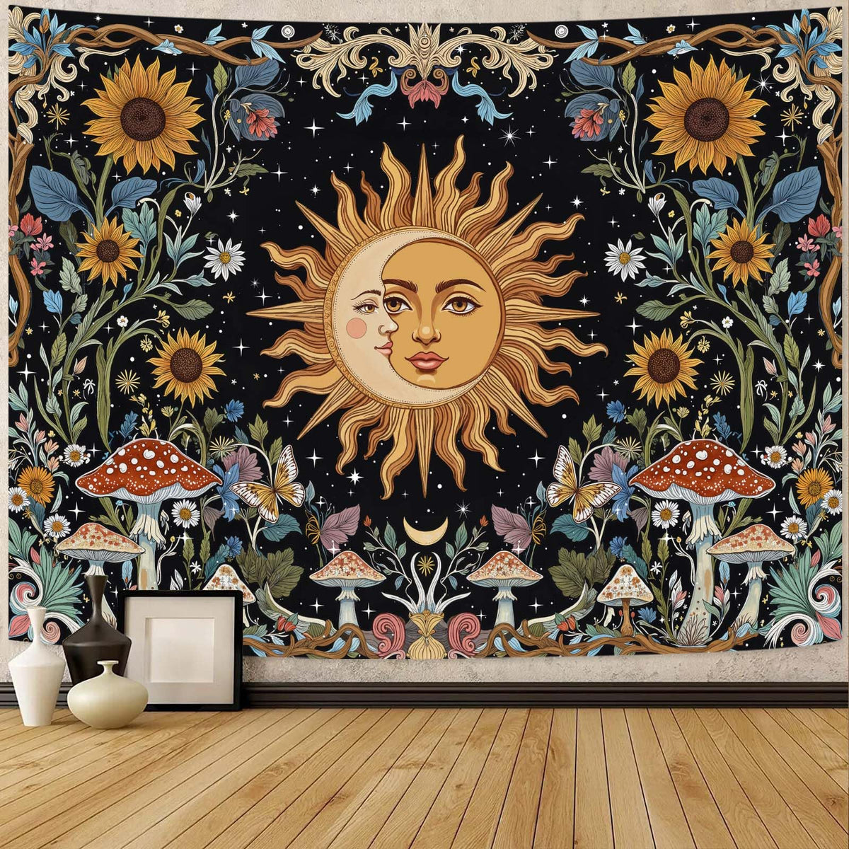 Fungarth Skeleton Butterfly Tapestry Pink Skull Hippie Mushroom Plants Tapestry for Bedroom Moon phase Aesthetic Tapestries Wall Hanging for Living Room Dorm (Pink, 48” x 36”)