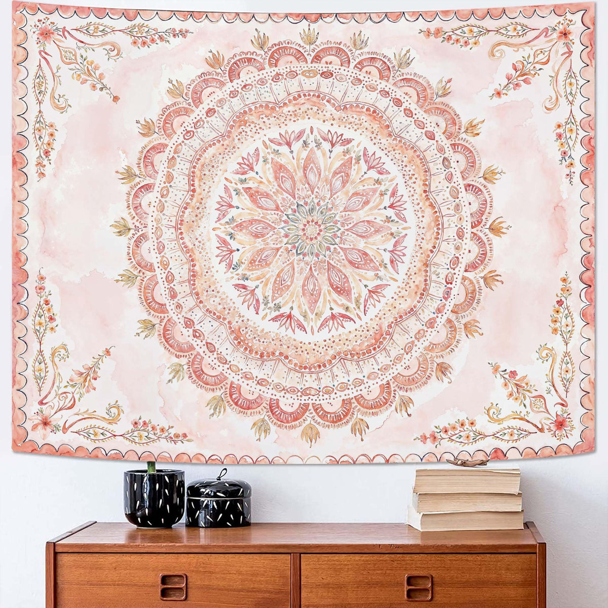 Fowocu Boho Floral Mandala Tapestry Wall Hanging Bohemian Flower Medallion Tapestry Aesthetic Beige Brown Hippie Indian Small Tapestries for Bedroom Living Room Dorm Decor 40 x 30 Inch