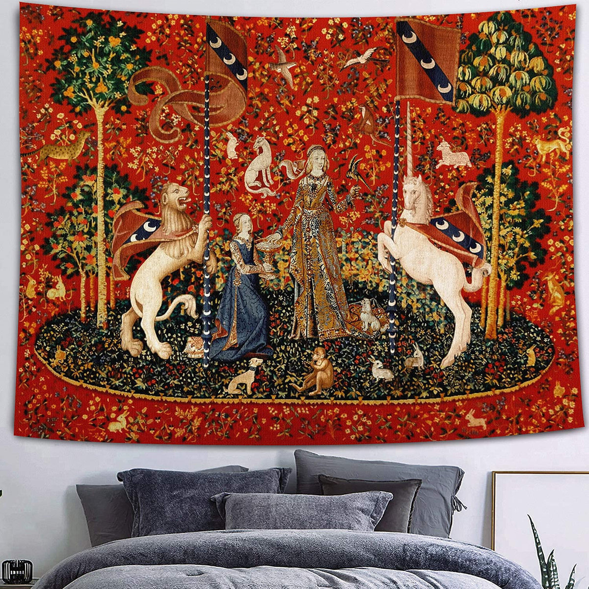 Medieval Tapestry Tapestry Royal Maiden and Unicorn Decor, Red 80x60 In