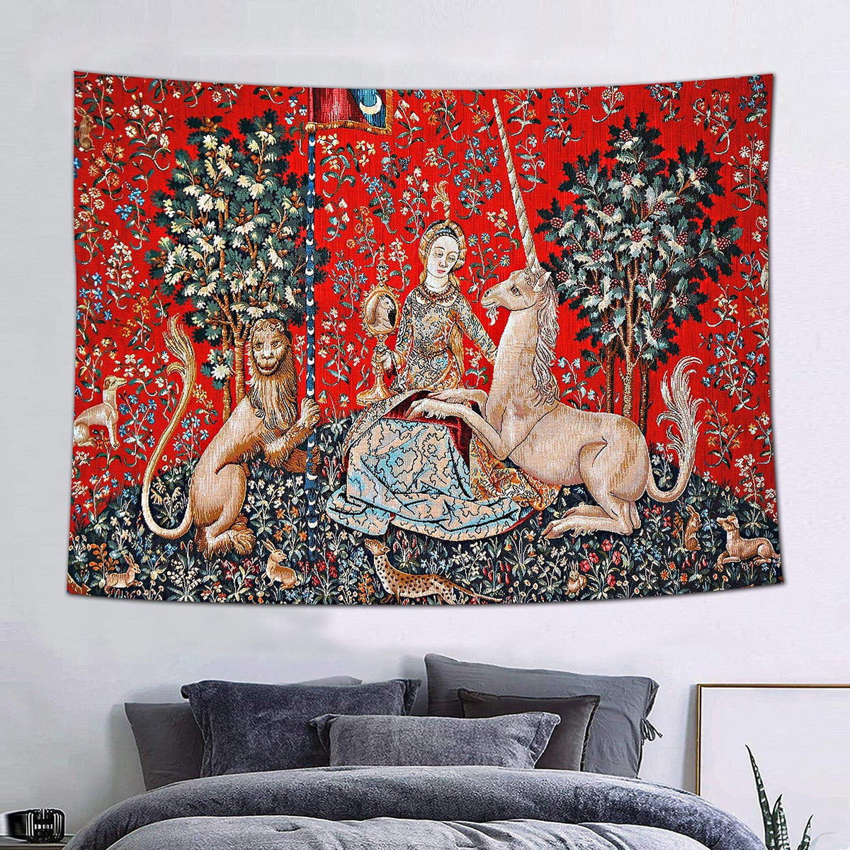 Medieval Tapestry Tapestry Royal Maiden and Unicorn Decor, Red 80x60 In