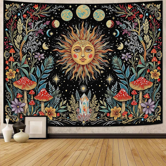 Accnicc Boho Sun and Moon Tapestry Hippie Mushroom Floral Wall Tapestry for Bedroom Aesthetic Vintage Plant Celestial Spiritual Small Tapestries Wall Hanging for Dorm Living Room Decor 48 x 36 Inch