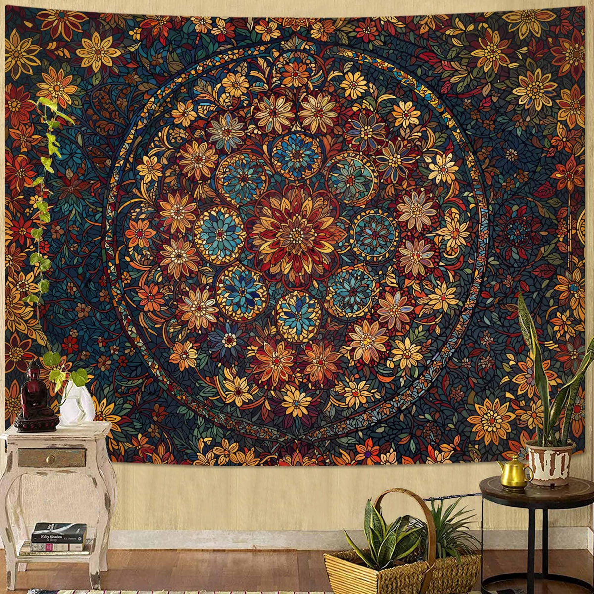 Fowocu Boho Floral Mandala Tapestry Wall Hanging Bohemian Flower Medallion Tapestry Aesthetic Beige Brown Hippie Indian Small Tapestries for Bedroom Living Room Dorm Decor 40 x 30 Inch