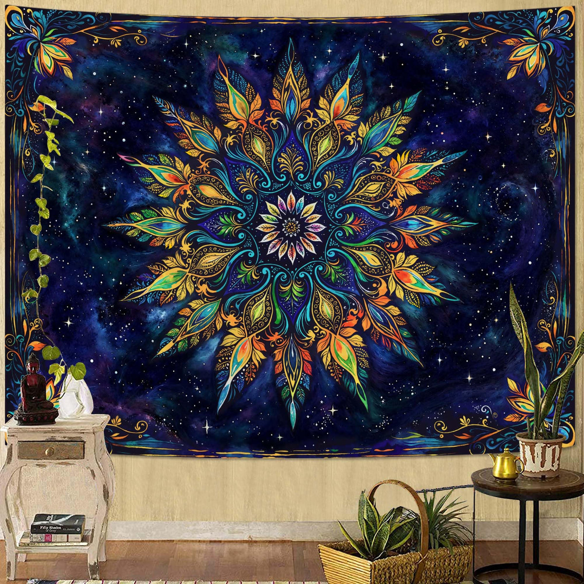 Fowocu Boho Floral Mandala Tapestry Wall Hanging Bohemian Flower Medallion Tapestry Aesthetic Beige Brown Hippie Indian Small Tapestries for Bedroom Living Room Dorm Decor 40 x 30 Inch