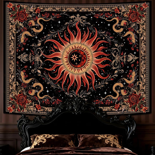 Neasow Gothic Sun Tapestry, Vintage Snake Rose Floral Wall Art, Mystic Black Red Retro Decor for Living Room Bedroom Home, 36x48 inches