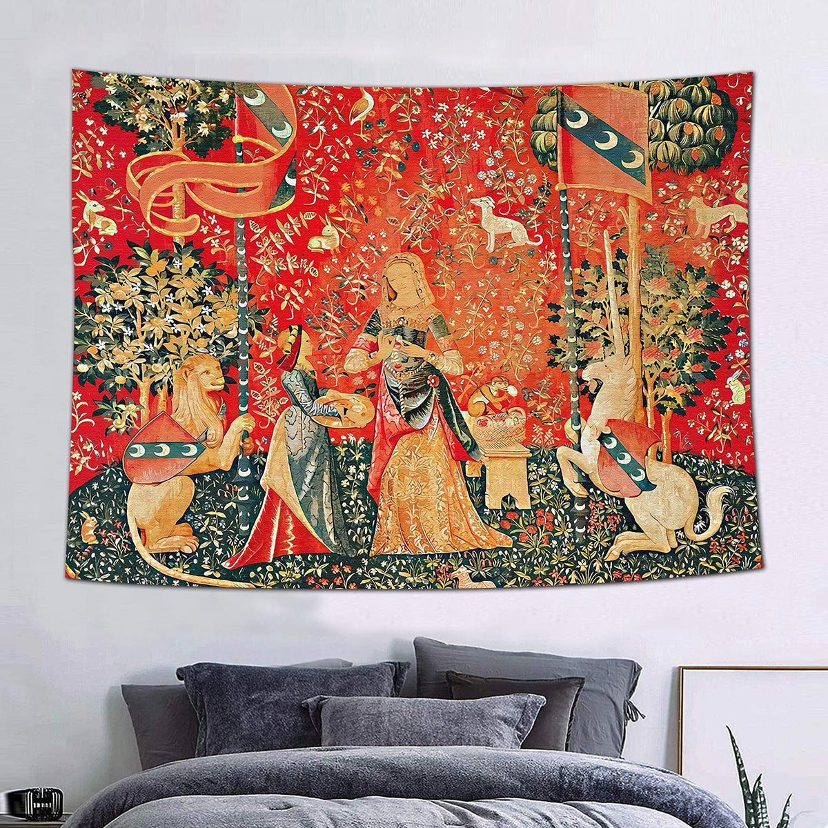 Medieval Tapestry Tapestry Royal Maiden and Unicorn Decor, Red 80x60 In