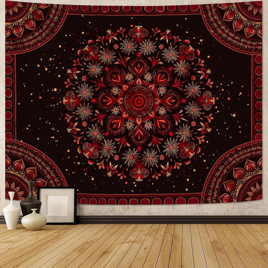 Accnicc Boho Mandala Tapestry Wall Hanging Hippie Bohemian Floral Flower Medallion Tapestry Aesthetic Small Vintage Black Red Indian Tapestries for Bedroom Living Room Dorm Decor 48 x 36 Inch