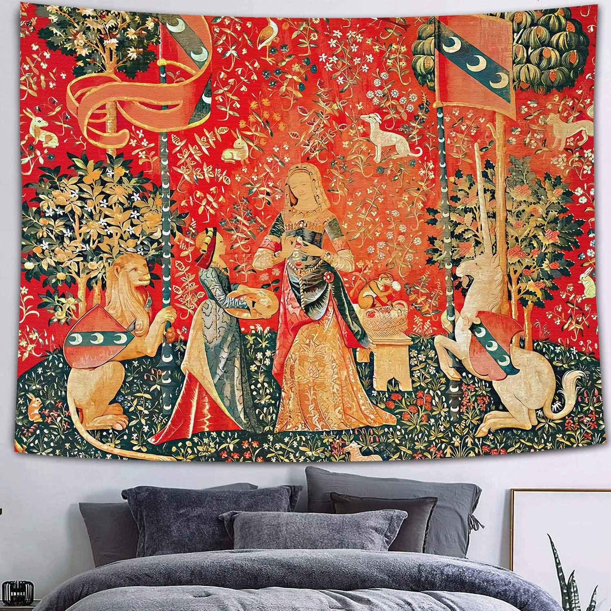 Medieval Tapestry Tapestry Royal Maiden and Unicorn Decor, Red 80x60 In