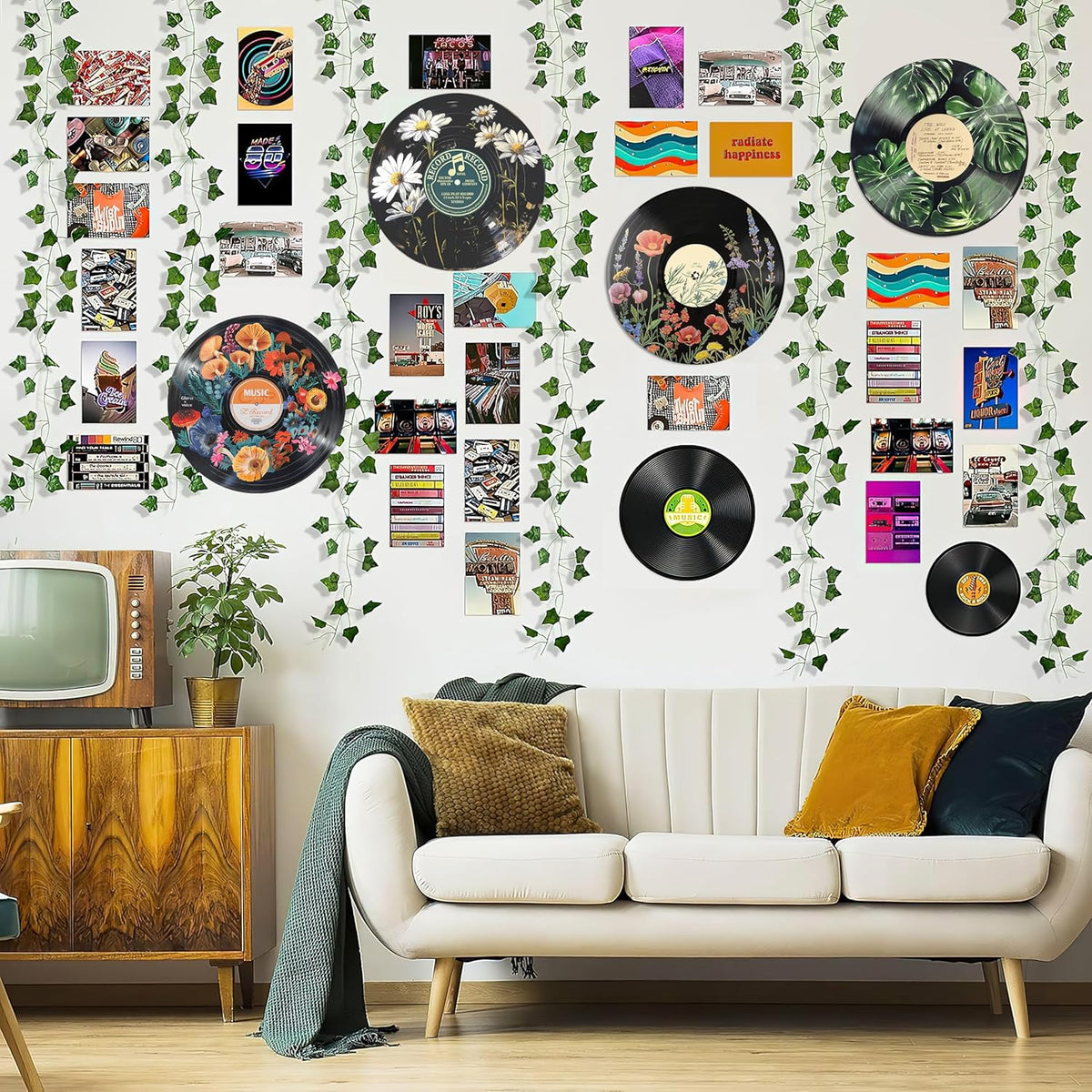 HK Studio Hippie Decor, Posters for Room Aesthetic - Botanical Wall Art, Record Decor, 4pcs 12"