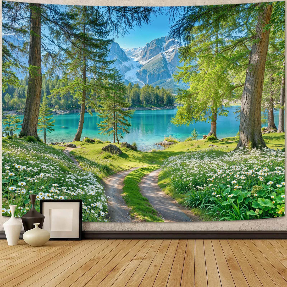 Zussun Nature Forest Tapestry Green Tree Wall Tapestry for Bedroom Aesthetic Plant Stream Pool Landscape Small Tapestries Wall Hanging for Dorm Living Room Decor 48 x 36 Inch