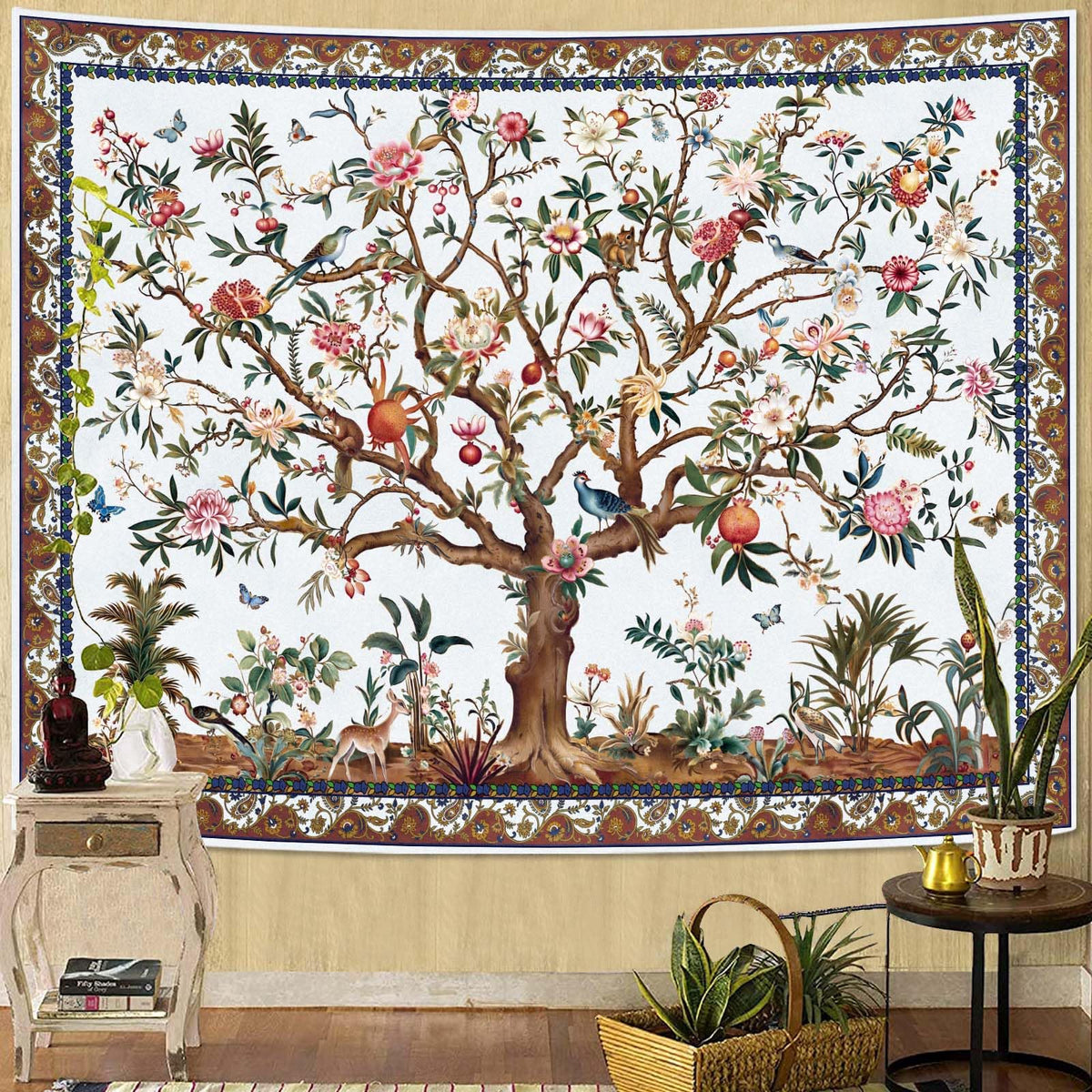 Faxdong Boho Tree of LIfe Tapestry, Vintage Flower Leaves Birds Plant Animal Pattern Tapestries, Retro Indian Bohemian Aesthetic Wall Hanging Orange Yellow 36×48 inch