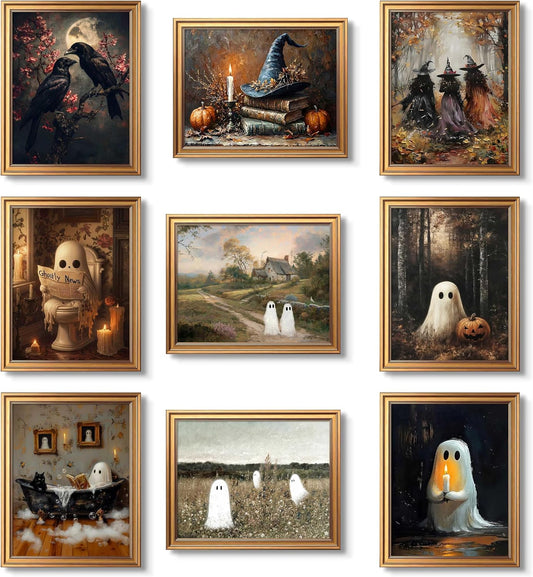 Halloween Wall Art Set of 9, Vintage Ghosts Halloween Wall Decor, Witch Ghost Art Canvas Prints, Rustic Farmhouse Halloween Posters for Living Room Bedroom Bathroom Home Decor 8x10 Inch Unframed