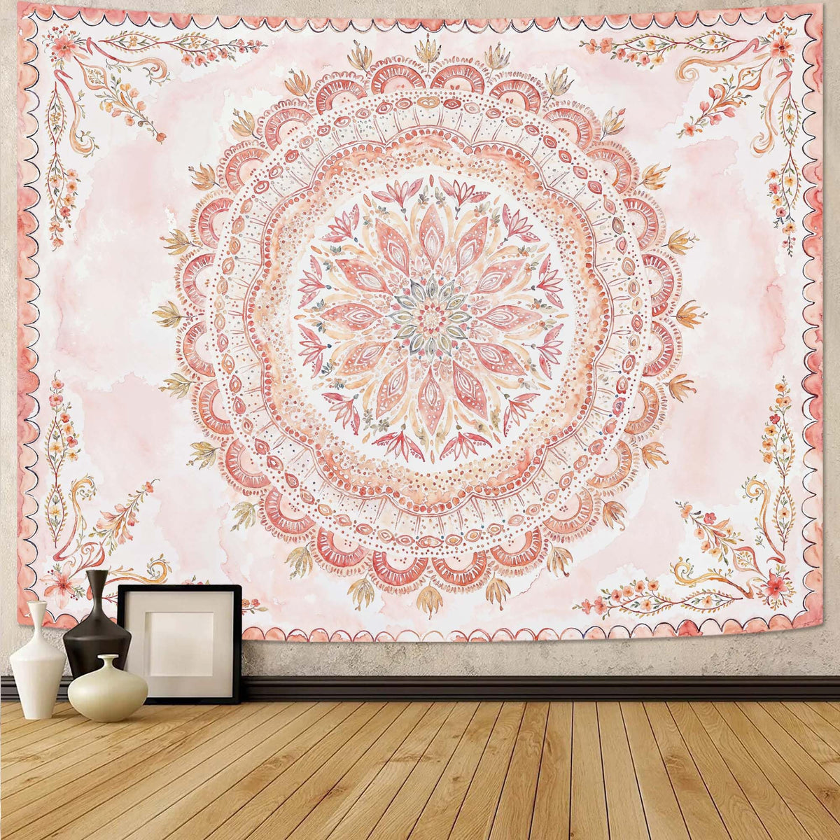 Fowocu Boho Floral Mandala Tapestry Wall Hanging Bohemian Flower Medallion Tapestry Aesthetic Beige Brown Hippie Indian Small Tapestries for Bedroom Living Room Dorm Decor 40 x 30 Inch