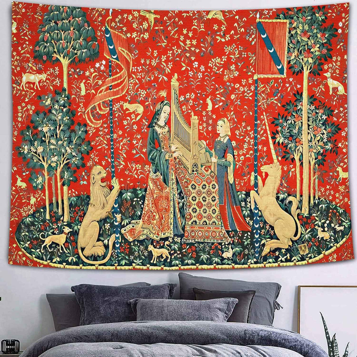 Medieval Tapestry Tapestry Royal Maiden and Unicorn Decor, Red 80x60 In