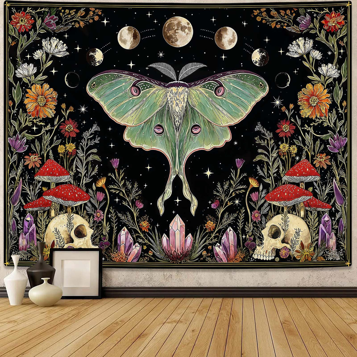 Fungarth Skeleton Butterfly Tapestry Pink Skull Hippie Mushroom Plants Tapestry for Bedroom Moon phase Aesthetic Tapestries Wall Hanging for Living Room Dorm (Pink, 48” x 36”)