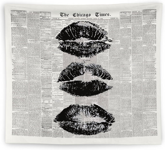 WNAGT Vintage the Chicago Times Newspaper Tapestry Wall Hanging, Retro Chic Black and White Minimalist Kiss Lips Wall Blanket Decor for Girls Bedroom Dorm Apartment Home, 50x60 Inch