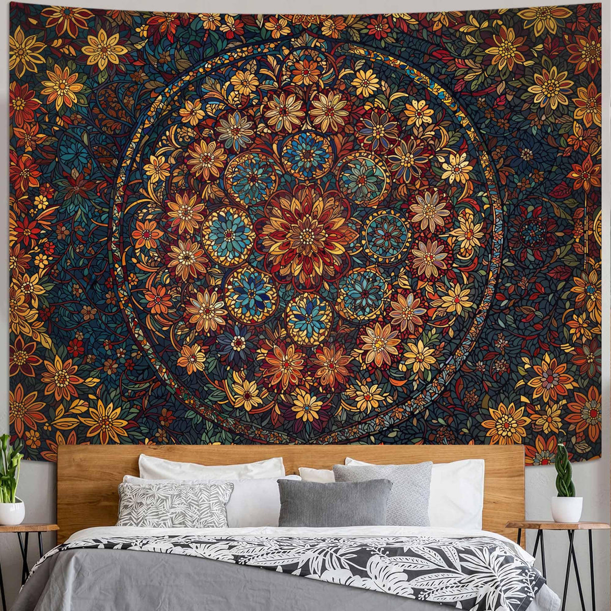 Fowocu Boho Floral Mandala Tapestry Wall Hanging Bohemian Flower Medallion Tapestry Aesthetic Beige Brown Hippie Indian Small Tapestries for Bedroom Living Room Dorm Decor 40 x 30 Inch