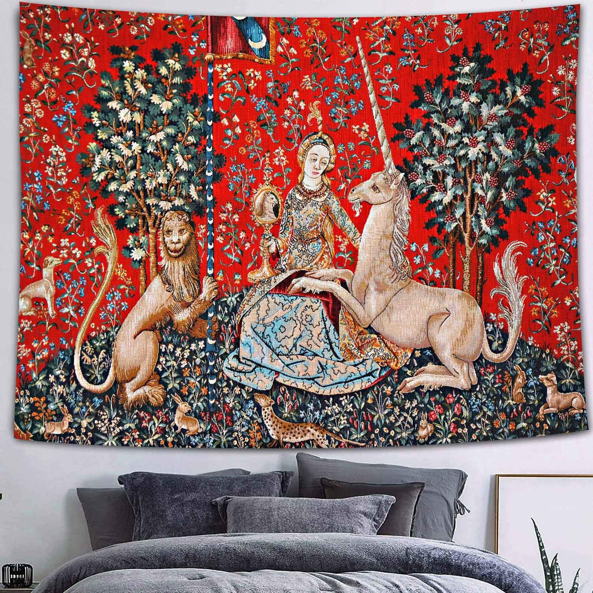 Medieval Tapestry Tapestry Royal Maiden and Unicorn Decor, Red 80x60 In