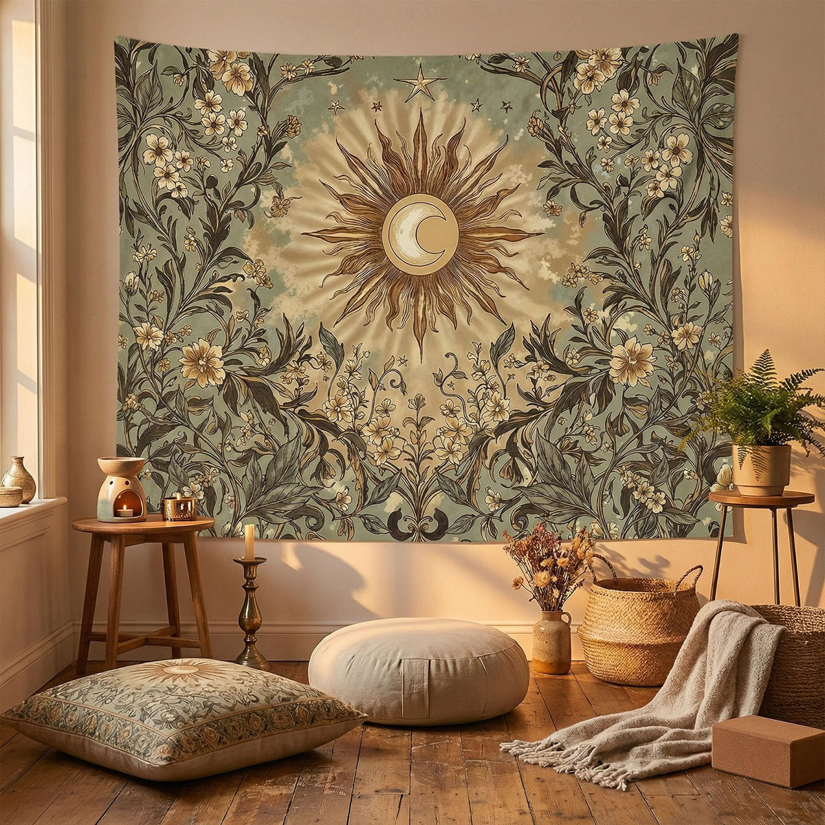 Spenlife Moon Phase Tapestry, Autumnal Mandala Tapestries for Bedroom, Boho Wall Decor, Botanical Tapestries (60" x 44")