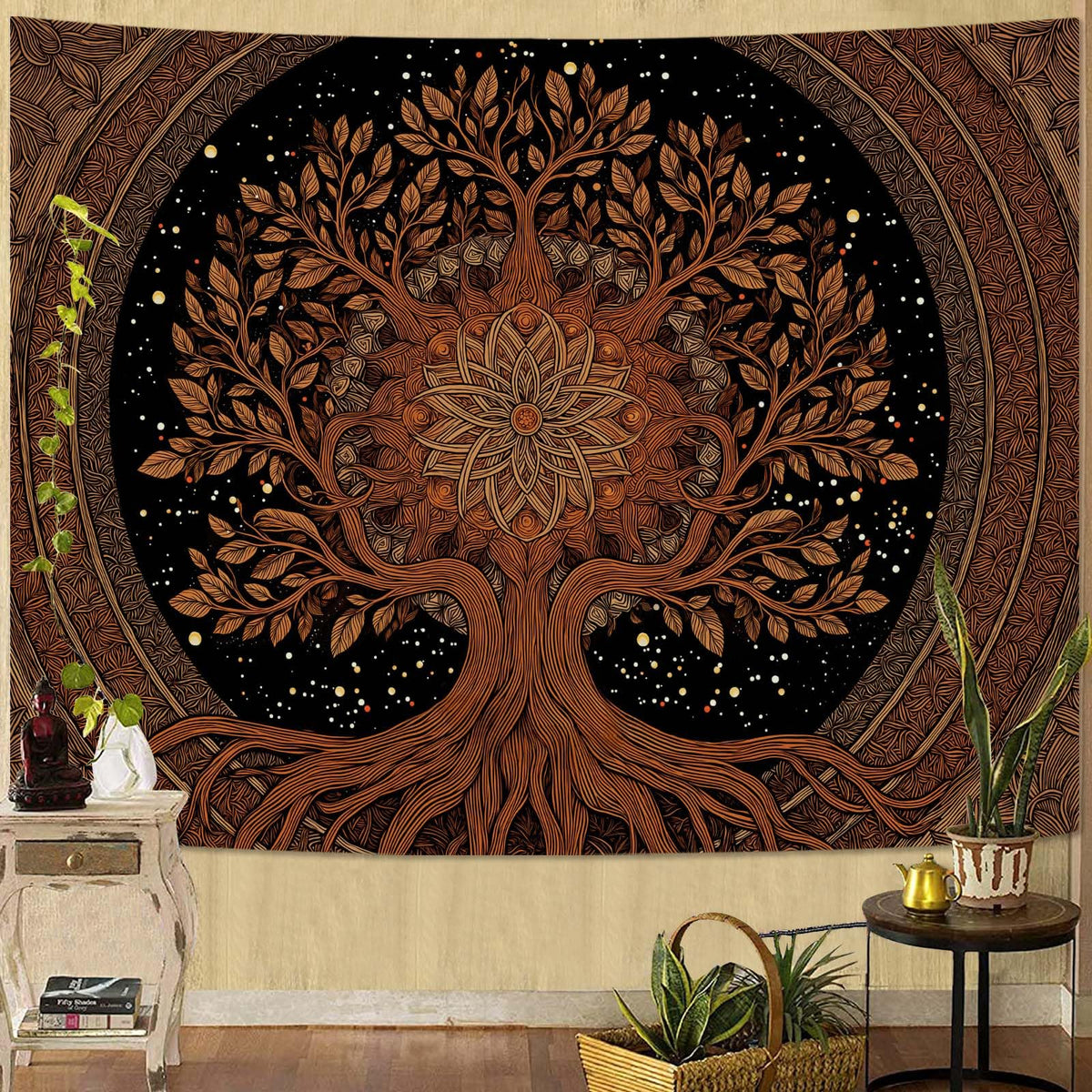Spenlife Moon Phase Tapestry, Autumnal Mandala Tapestries for Bedroom, Boho Wall Decor, Botanical Tapestries (60" x 44")