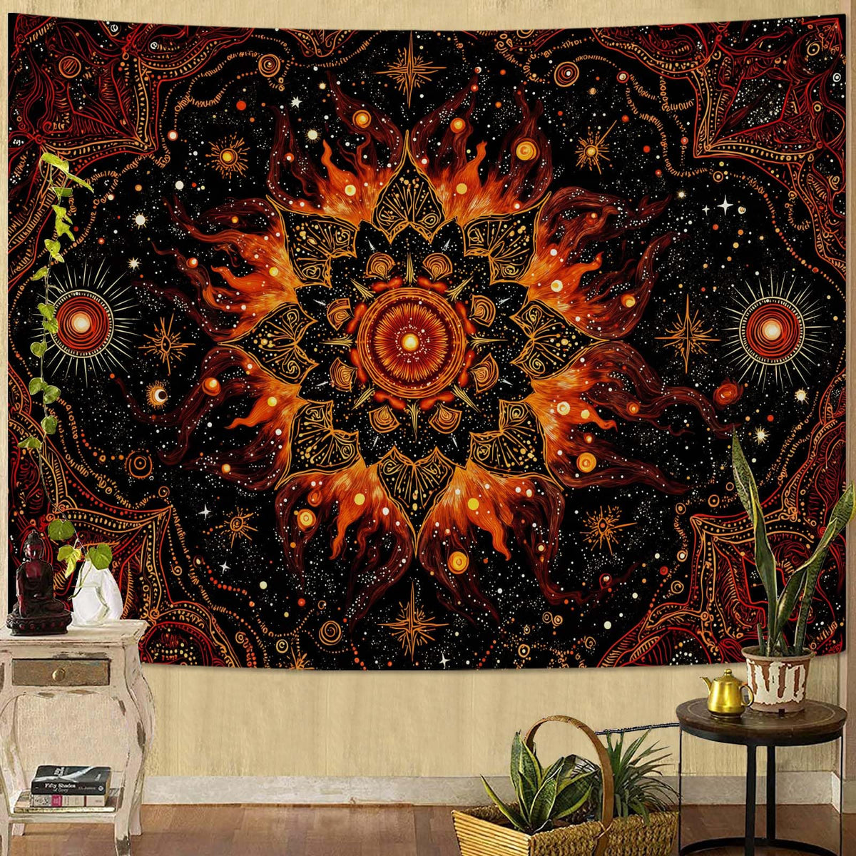 Spenlife Moon Phase Tapestry, Autumnal Mandala Tapestries for Bedroom, Boho Wall Decor, Botanical Tapestries (60" x 44")