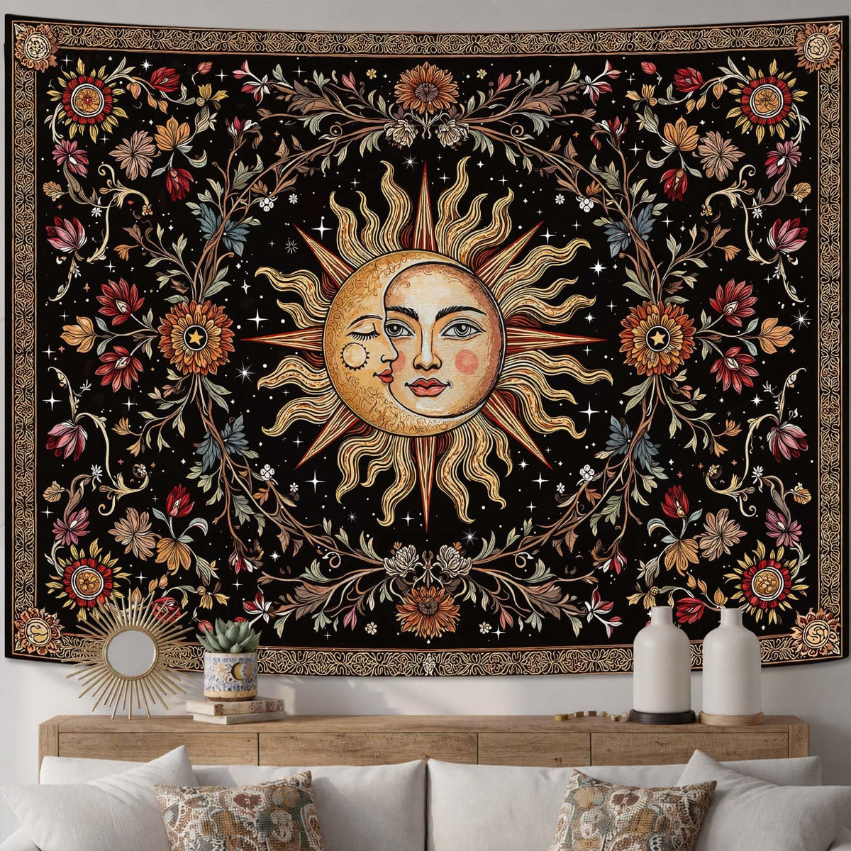 Blacklight Sun and Moon Tapestry Glow in The Dark Neon Hippie Bohemian Tapestries for Bedroom Aesthetic UV Reactive Purple Celestial Tie Dye Tapestry Wall Hanging for Living Room Dorm (40'' × 30'')