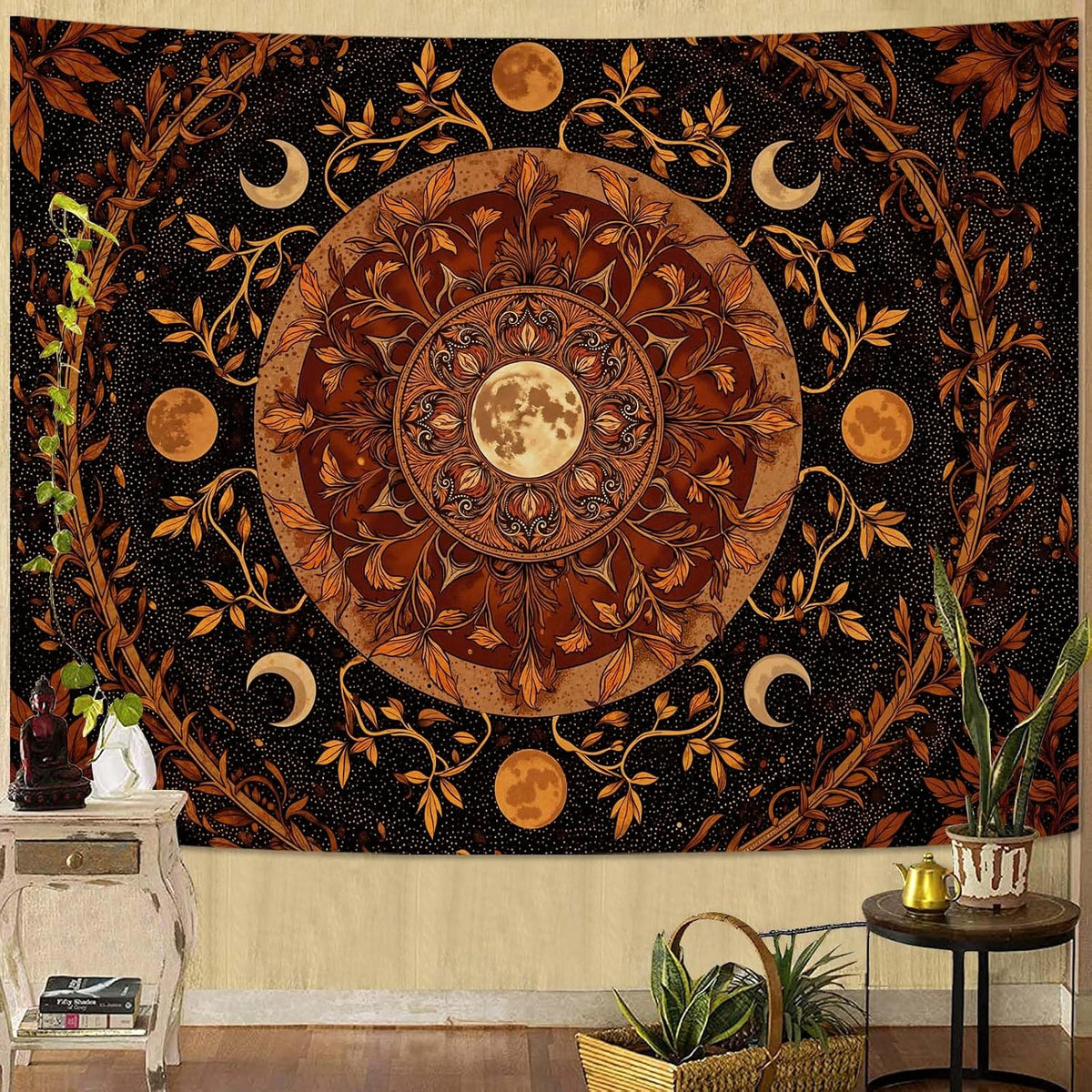 Spenlife Moon Phase Tapestry, Autumnal Mandala Tapestries for Bedroom, Boho Wall Decor, Botanical Tapestries (60" x 44")