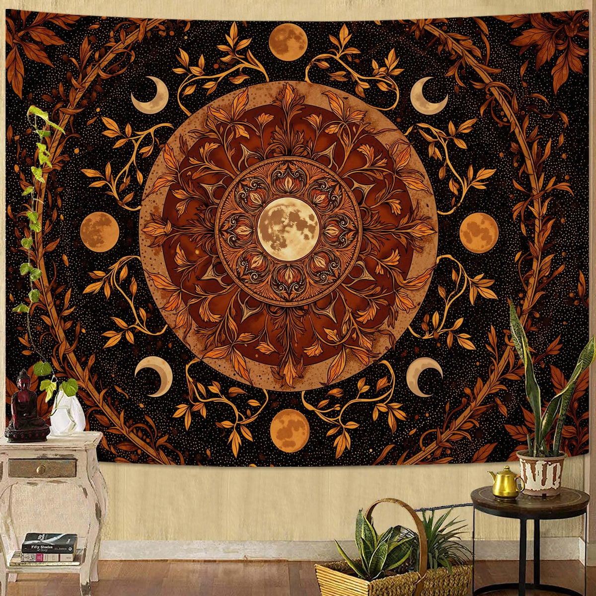 Spenlife Moon Phase Tapestry, Autumnal Mandala Tapestries for Bedroom, Boho Wall Decor, Botanical Tapestries (60" x 44")