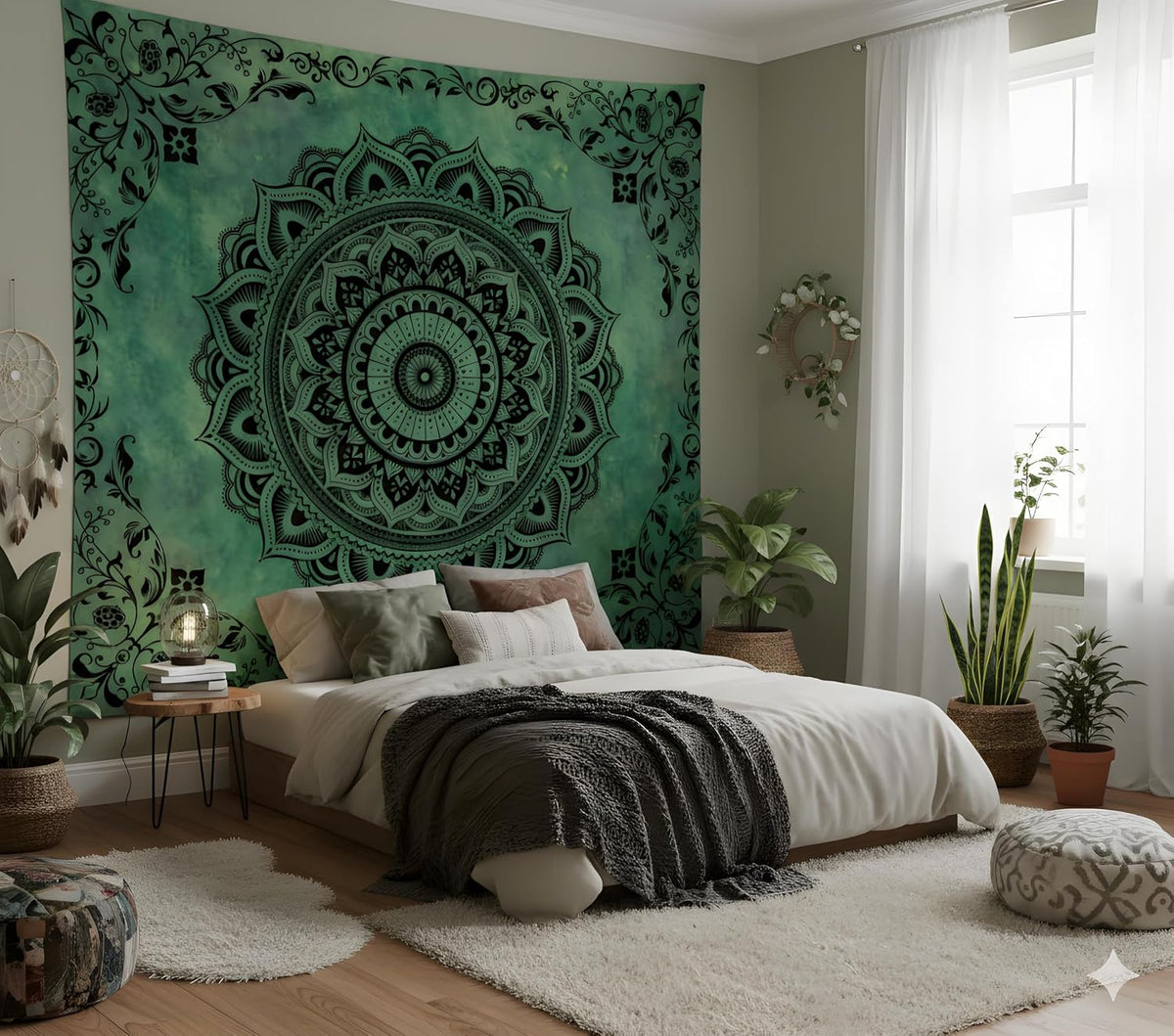 Tichgeim Green Hippie Tapestry Wall Hanging, Large Boho Mandala Tapestries