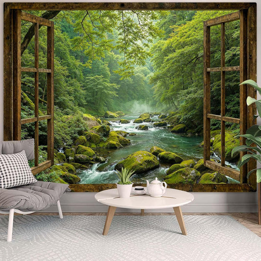 Accnicc Window Forest Tapestry Green Nature Jungle Wall Tapestry for Bedroom Aesthetic Rainforest Stream Outdoor Landscape Large Tapestries Wall Hanging for Dorm Living Room Decor 80 x 60 Inch