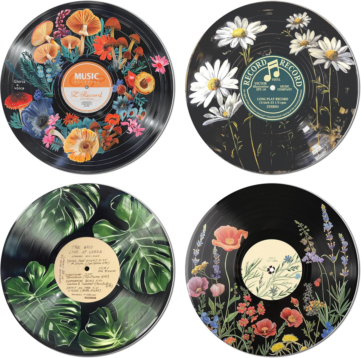HK Studio Hippie Decor, Posters for Room Aesthetic - Botanical Wall Art, Record Decor, 4pcs 12"