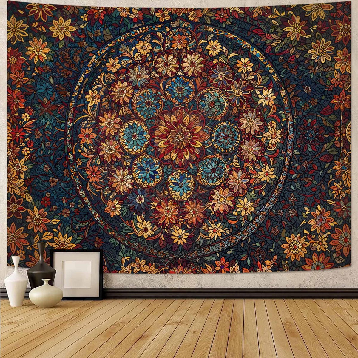 Fowocu Boho Floral Mandala Tapestry Wall Hanging Bohemian Flower Medallion Tapestry Aesthetic Beige Brown Hippie Indian Small Tapestries for Bedroom Living Room Dorm Decor 40 x 30 Inch