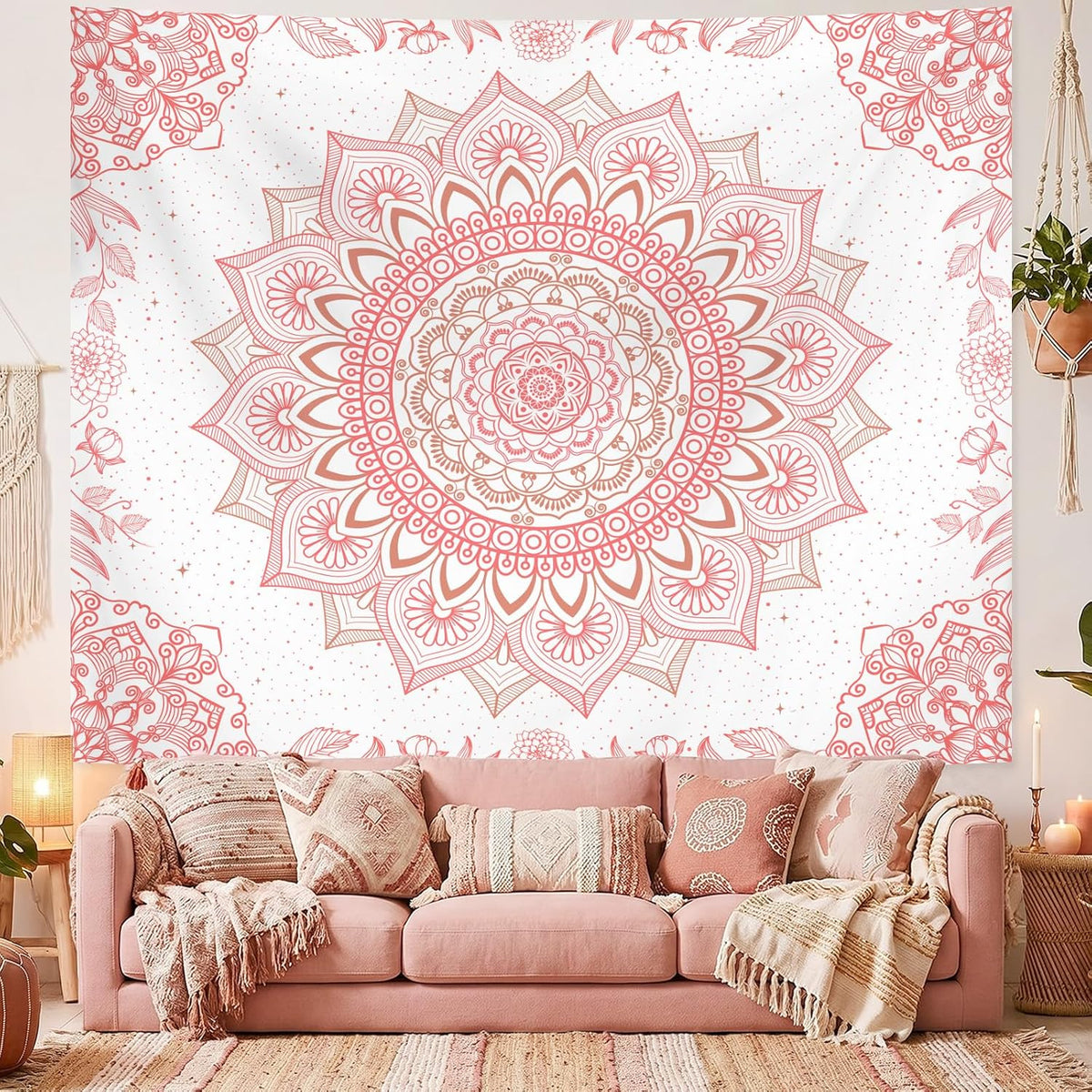 Apdidl Pink Boho Wall Tapestry for Bedroom,Mandala Bohemian Tapestries Girl