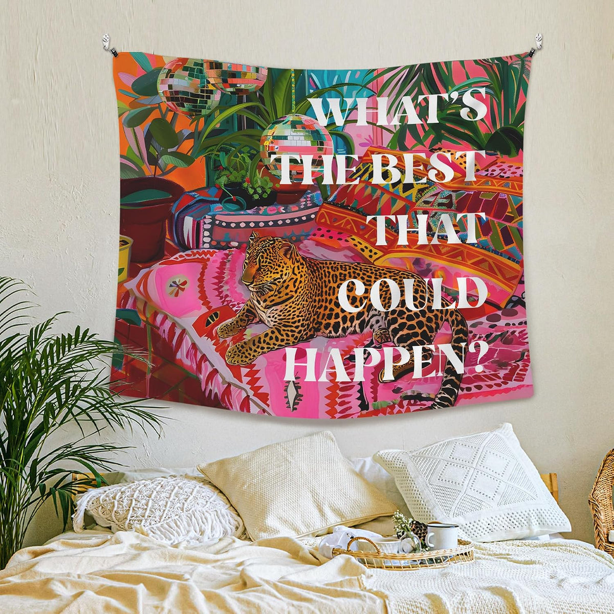 XLDLIOO Preppy Leopard Disco Classroom Tapestry, What's The Best That Could Happen, Retro Maximalist Tapestry Hanging for Girly Room Bedroom, Groovy Tapestries Wall Decor Art for Teen Girls Dorm 50x60in