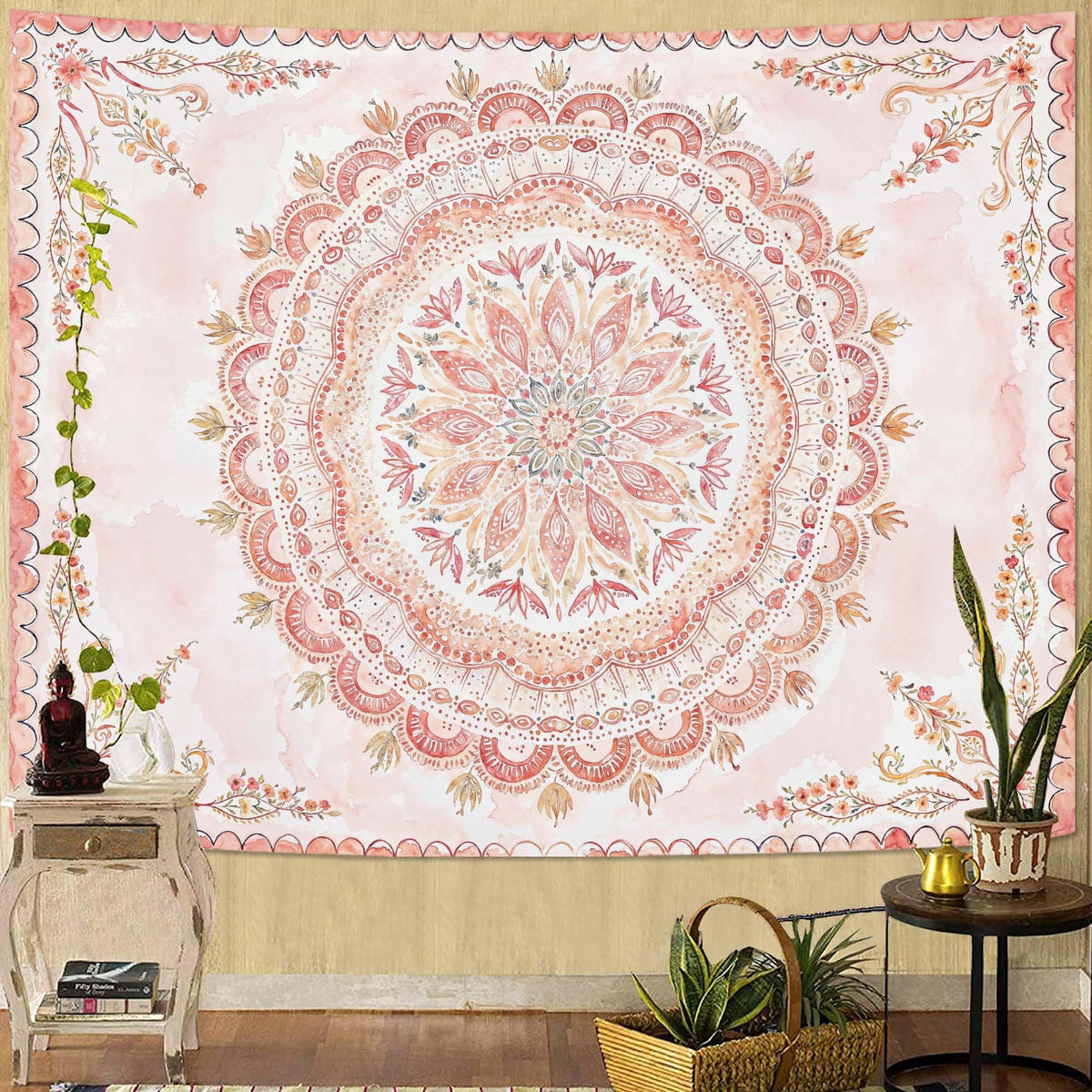 Fowocu Boho Floral Mandala Tapestry Wall Hanging Bohemian Flower Medallion Tapestry Aesthetic Beige Brown Hippie Indian Small Tapestries for Bedroom Living Room Dorm Decor 40 x 30 Inch