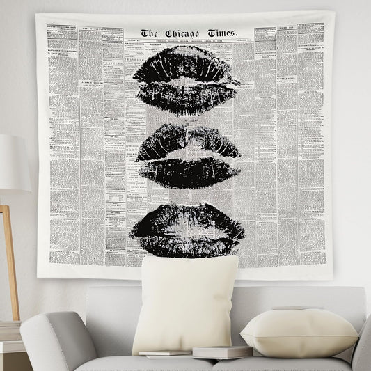 WNAGT Vintage the Chicago Times Newspaper Tapestry Wall Hanging, Retro Chic Black and White Minimalist Kiss Lips Wall Blanket Decor for Girls Bedroom Dorm Apartment Home, 50x60 Inch
